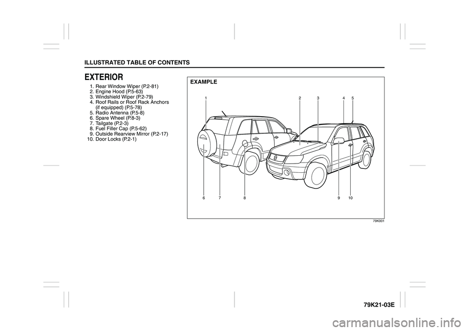 SUZUKI GRAND VITARA 2011  Owners Manual ILLUSTRATED TABLE OF CONTENTS
79K21-03E
EXTERIOR1. Rear Window Wiper (P.2-81)
2. Engine Hood (P.5-63)
3. Windshield Wiper (P.2-79)
4. Roof Rails or Roof Rack Anchors 
(if equipped) (P.5-78)
5. Radio A