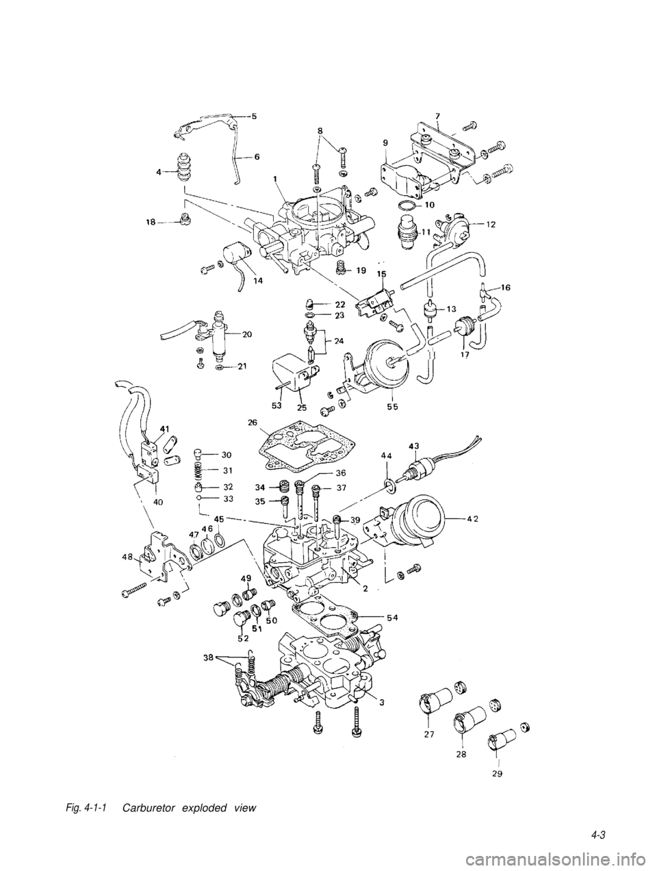 SUZUKI GRAND VITARA 1987 Service Repair Manual r-al?
I29
Fig. 4-1-1 Carburetor exploded view
4-3 SUZUKI GRAND VITARA 1987 Service Repair Manual r-al?
I29
Fig. 4-1-1 Carburetor exploded view
4-3