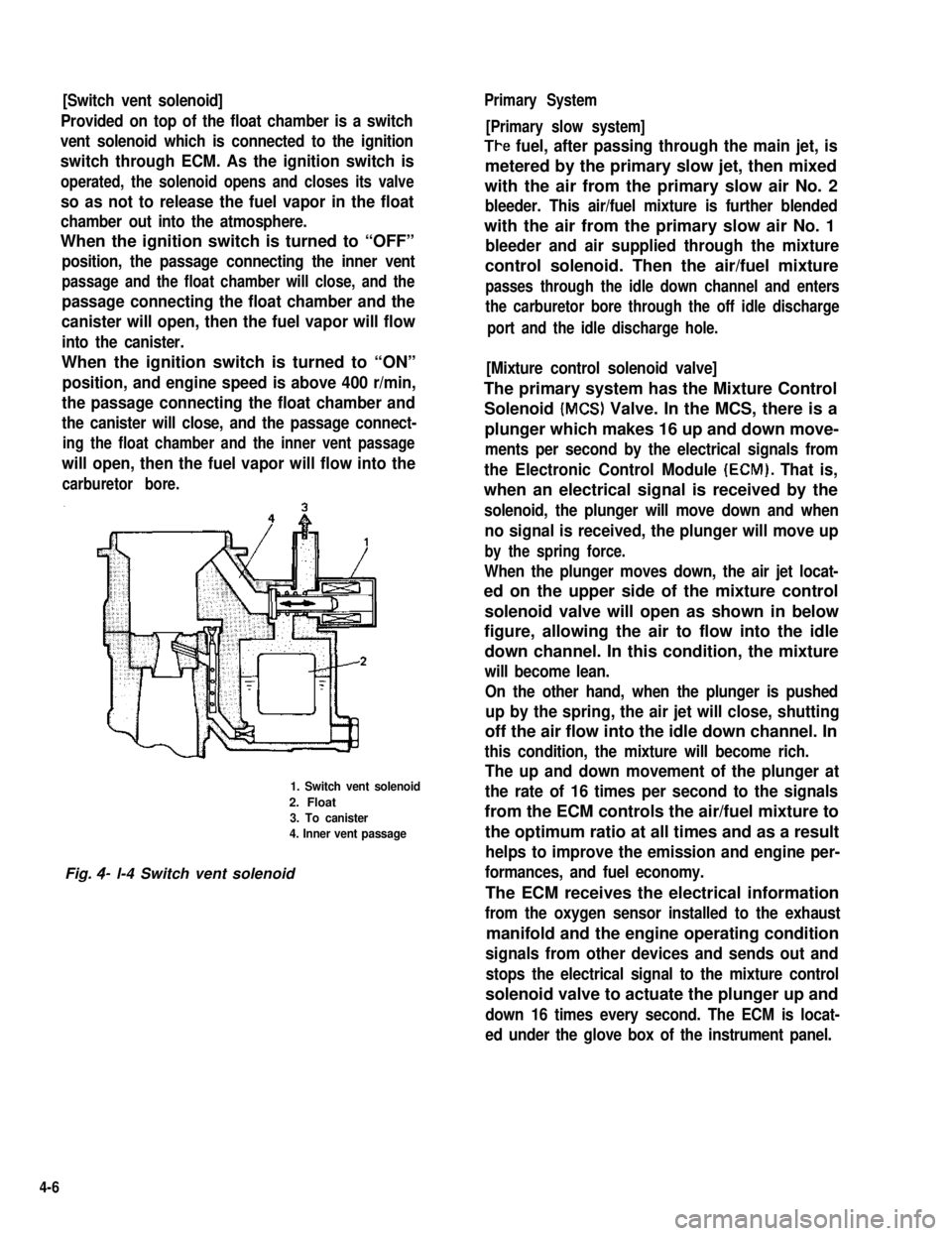 SUZUKI GRAND VITARA 1987  Service Repair Manual [Switch vent solenoid]
Provided on top of the float chamber is a switch
vent solenoid which is connected to the ignition
switch through ECM. As the ignition switch is
operated, the solenoid opens and 