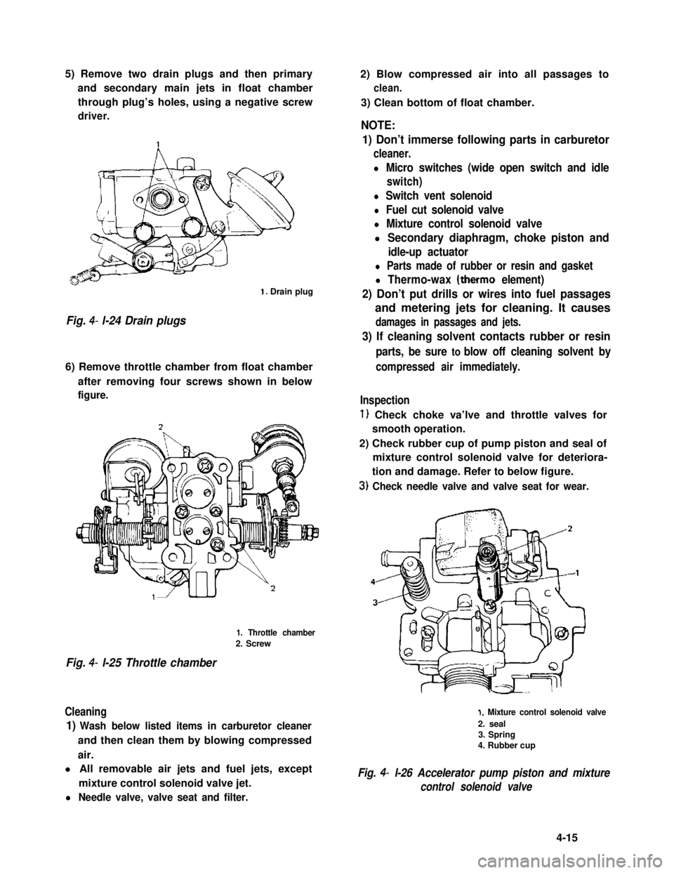 SUZUKI GRAND VITARA 1987 Service Repair Manual 5) Remove two drain plugs and then primary
and secondary main jets in float chamber
through plug’s holes, using a negative screw
driver.
1. Drain plug
Fig. 4- l-24 Drain plugs
6) Remove throttle cha SUZUKI GRAND VITARA 1987 Service Repair Manual 5) Remove two drain plugs and then primary
and secondary main jets in float chamber
through plug’s holes, using a negative screw
driver.
1. Drain plug
Fig. 4- l-24 Drain plugs
6) Remove throttle cha