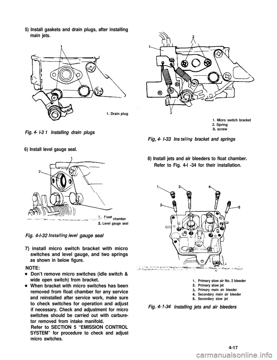 SUZUKI GRAND VITARA 1987 Service Repair Manual 5) Install gaskets and drain plugs, after installing
main jets.
1. Drain plug
Fig. 4- l-3 1Installing drain plugs
6) Install level gauge seal.
chamber
2. Level gauge seal
Fig. 4-l-32 lnstalling.level SUZUKI GRAND VITARA 1987 Service Repair Manual 5) Install gaskets and drain plugs, after installing
main jets.
1. Drain plug
Fig. 4- l-3 1Installing drain plugs
6) Install level gauge seal.
chamber
2. Level gauge seal
Fig. 4-l-32 lnstalling.level