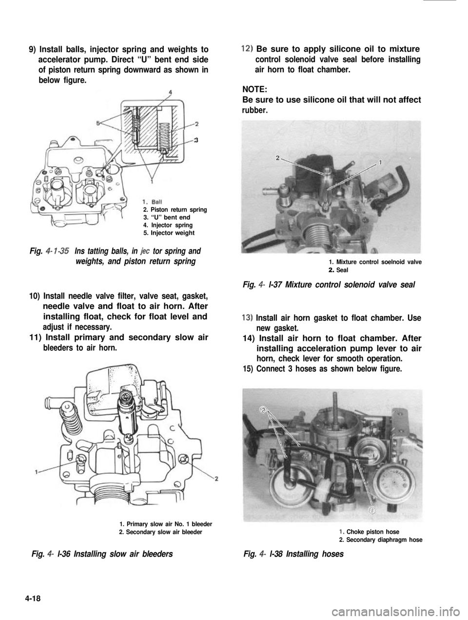 SUZUKI GRAND VITARA 1987 Service Repair Manual 9) Install balls, injector spring and weights to
accelerator pump. Direct “U” bent end side
of piston return spring downward as shown in
below figure.
3
2. Piston return spring3. “U” bent end4 SUZUKI GRAND VITARA 1987 Service Repair Manual 9) Install balls, injector spring and weights to
accelerator pump. Direct “U” bent end side
of piston return spring downward as shown in
below figure.
3
2. Piston return spring3. “U” bent end4