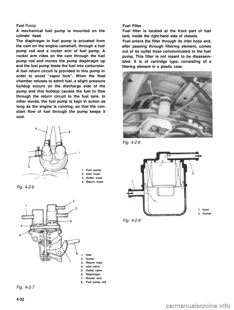 SUZUKI GRAND VITARA 1987 Service Repair Manual Fuel Pulp
A mechanical fuel pump is mounted on the
cylinder head.
The diaphragm in fuel pump is actuated from
the cam on the engine camshaft, through a fuel
pump rod and a rocker arm of fuel pump. A
r SUZUKI GRAND VITARA 1987 Service Repair Manual Fuel Pulp
A mechanical fuel pump is mounted on the
cylinder head.
The diaphragm in fuel pump is actuated from
the cam on the engine camshaft, through a fuel
pump rod and a rocker arm of fuel pump. A
r
