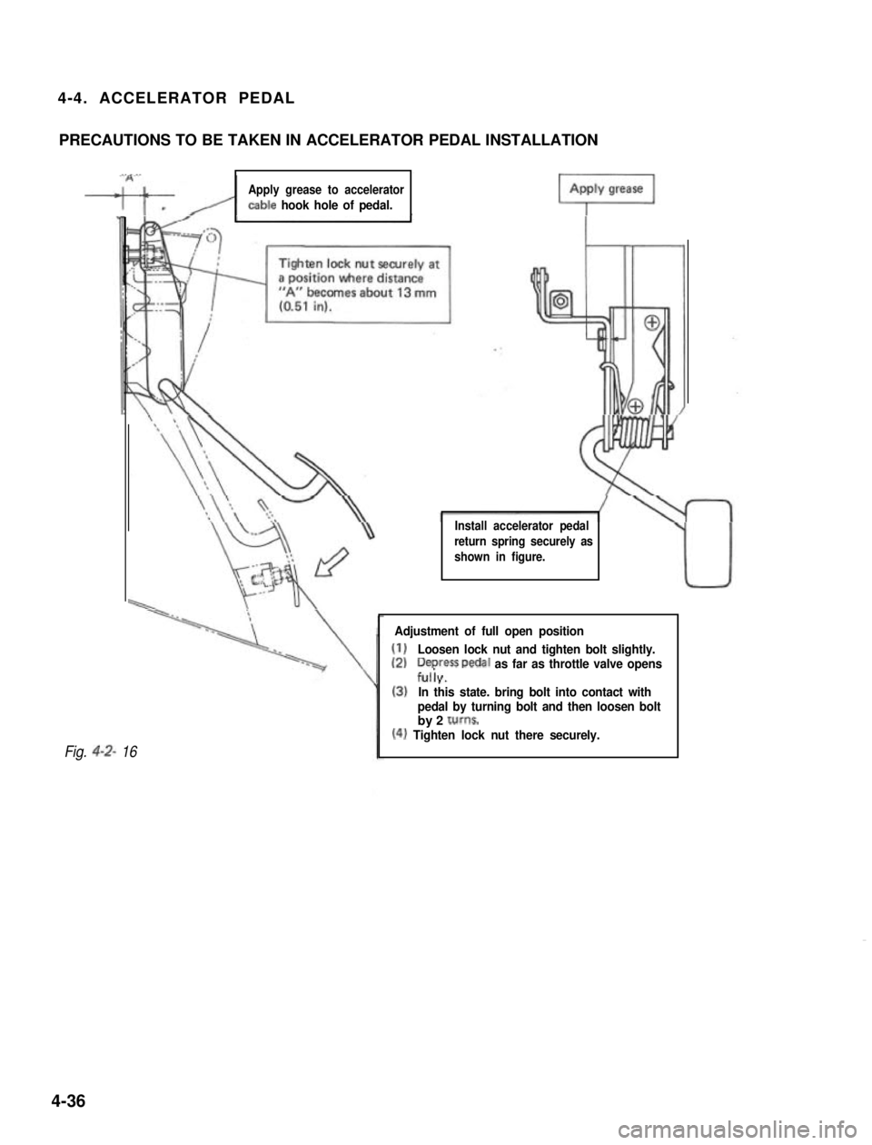 SUZUKI GRAND VITARA 1987 Service Repair Manual 4-4. ACCELERATOR PEDAL
PRECAUTIONS TO BE TAKEN IN ACCELERATOR PEDAL INSTALLATION
“A’,
-w/i
Apply grease to accelerator
cable hook hole of pedal.
Install accelerator pedal
return spring securely as SUZUKI GRAND VITARA 1987 Service Repair Manual 4-4. ACCELERATOR PEDAL
PRECAUTIONS TO BE TAKEN IN ACCELERATOR PEDAL INSTALLATION
“A’,
-w/i
Apply grease to accelerator
cable hook hole of pedal.
Install accelerator pedal
return spring securely as