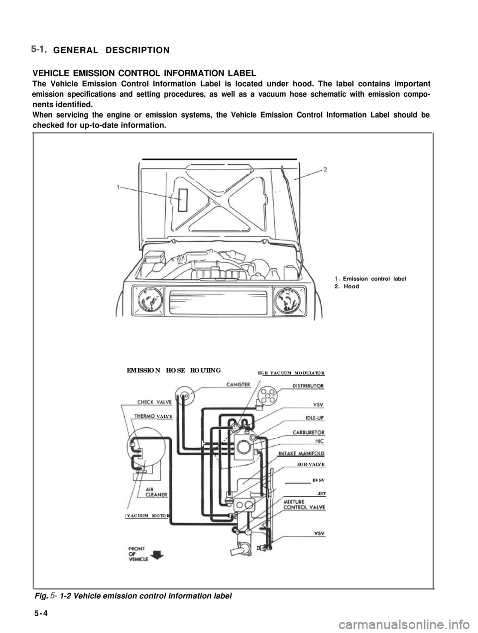 SUZUKI GRAND VITARA 1987 Service Repair Manual 5-l. GENERAL DESCRIPTION
VEHICLE EMISSION CONTROL INFORMATION LABEL
The Vehicle Emission Control Information Label is located under hood. The label contains important
emission specifications and sett SUZUKI GRAND VITARA 1987 Service Repair Manual 5-l. GENERAL DESCRIPTION
VEHICLE EMISSION CONTROL INFORMATION LABEL
The Vehicle Emission Control Information Label is located under hood. The label contains important
emission specifications and sett