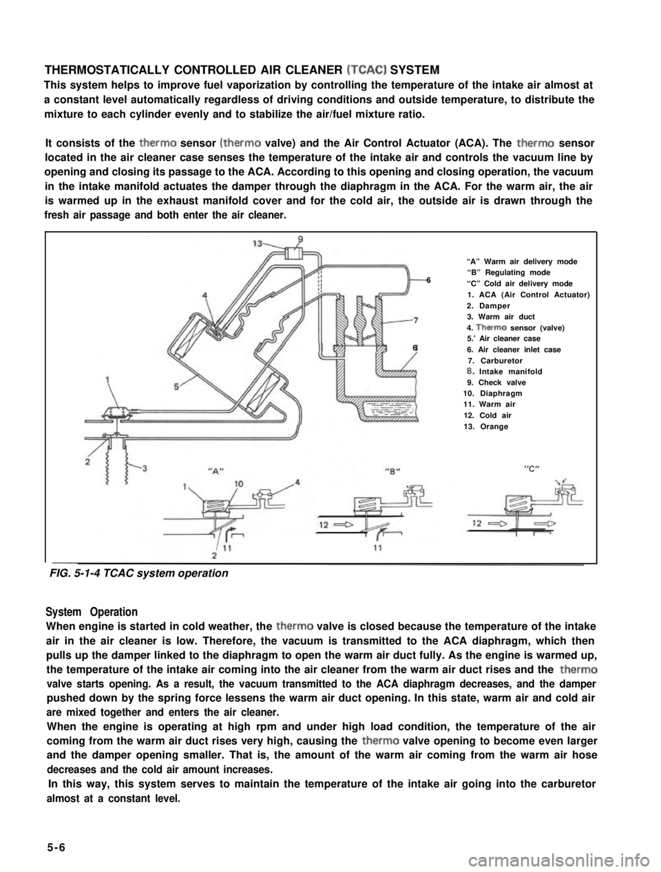 SUZUKI GRAND VITARA 1987 Service Repair Manual THERMOSTATICALLY CONTROLLED AIR CLEANER (TCAC) SYSTEM
This system helps to improve fuel vaporization by controlling the temperature of the intake air almost at
a constant level automatically regardles SUZUKI GRAND VITARA 1987 Service Repair Manual THERMOSTATICALLY CONTROLLED AIR CLEANER (TCAC) SYSTEM
This system helps to improve fuel vaporization by controlling the temperature of the intake air almost at
a constant level automatically regardles