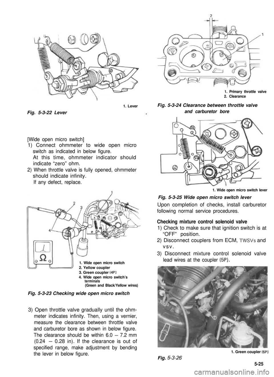 SUZUKI GRAND VITARA 1987  Service Repair Manual Fig. 5-3-22 Lever
1. Lever
.
[Wide open micro switch]
1) Connect ohmmeter to wide open micro
switch as indicated in below figure.
At this time, ohmmeter indicator should
indicate “zero” ohm.
2) Wh