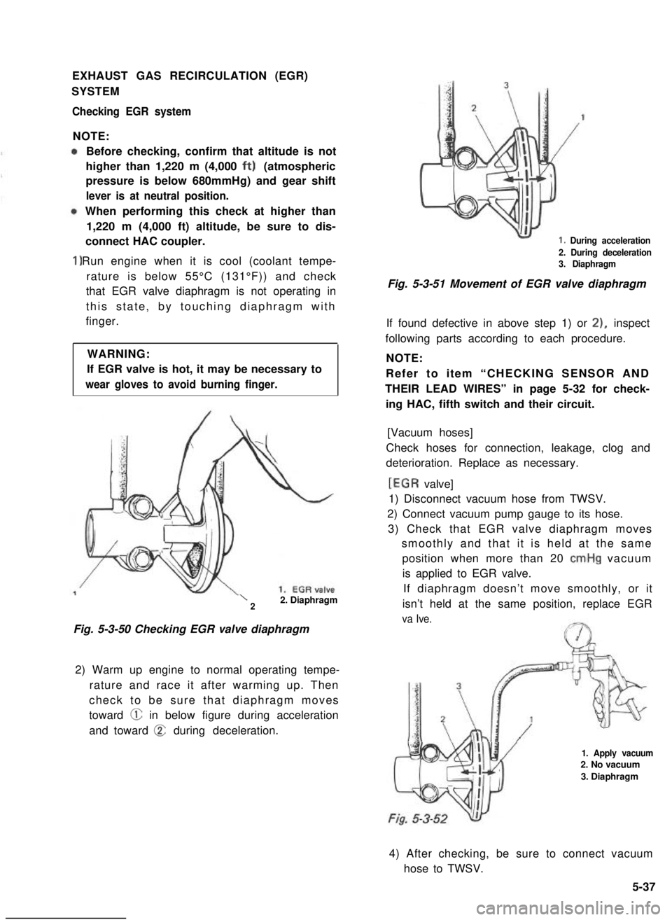 SUZUKI GRAND VITARA 1987 Service Repair Manual EXHAUST GAS RECIRCULATION (EGR)
SYSTEM
Checking EGR system
NOTE:
1)
Before checking, confirm that altitude is not
higher than 1,220 m (4,000 ft) (atmospheric
pressure is below 680mmHg) and gear shift
SUZUKI GRAND VITARA 1987 Service Repair Manual EXHAUST GAS RECIRCULATION (EGR)
SYSTEM
Checking EGR system
NOTE:
1)
Before checking, confirm that altitude is not
higher than 1,220 m (4,000 ft) (atmospheric
pressure is below 680mmHg) and gear shift