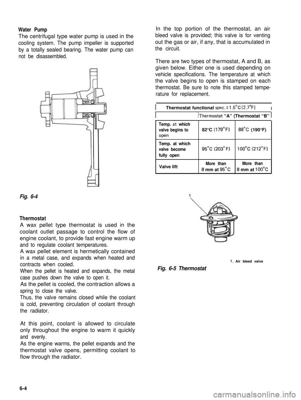 SUZUKI GRAND VITARA 1987 Service Repair Manual Water Pump
The centrifugal type water pump is used in the
cooling system. The pump impeller is supported
by a totally sealed bearing. The water pump can
not be disassembled.
Fig. 6-4
Thermostat
A wax SUZUKI GRAND VITARA 1987 Service Repair Manual Water Pump
The centrifugal type water pump is used in the
cooling system. The pump impeller is supported
by a totally sealed bearing. The water pump can
not be disassembled.
Fig. 6-4
Thermostat
A wax