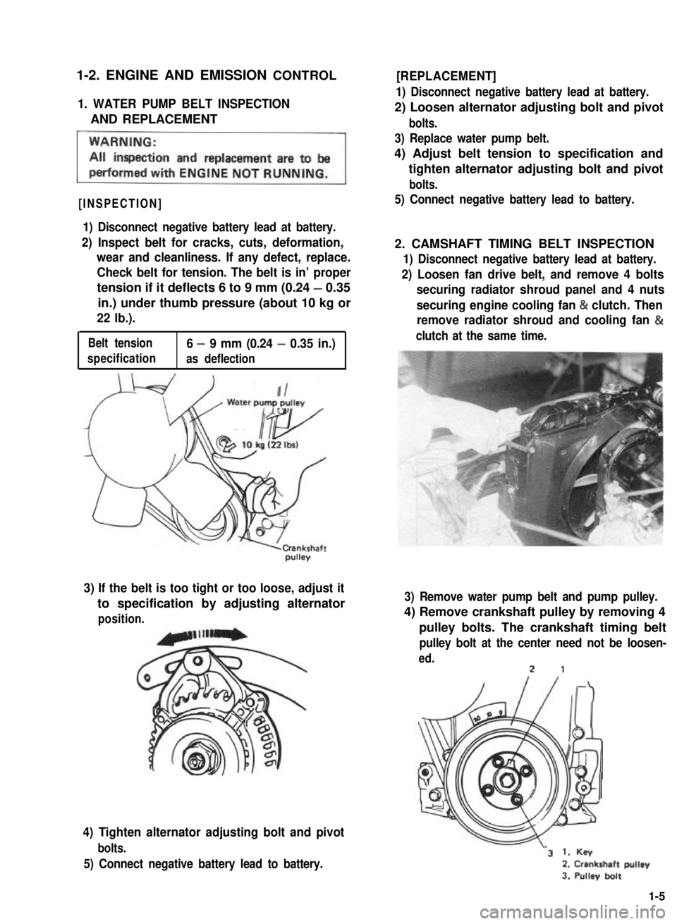 SUZUKI GRAND VITARA 1987  Service Owners Manual 1-2. ENGINE AND EMISSION CONTROL
1. WATER PUMP BELT INSPECTION
AND REPLACEMENT
[INSPECTION]
1) Disconnect negative battery lead at battery.
2) Inspect belt for cracks, cuts, deformation,
wear and clea