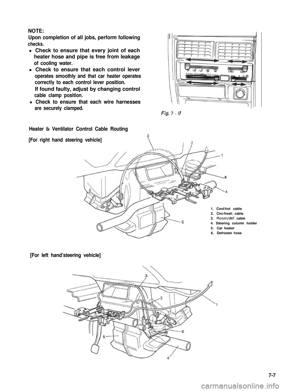 SUZUKI GRAND VITARA 1987 Service Repair Manual NOTE:
Upon completion of all jobs, perform following
checks.
l Check to ensure that every joint of each
heater hose and pipe is free from leakage
of cooling water.
l Check to ensure that each control SUZUKI GRAND VITARA 1987 Service Repair Manual NOTE:
Upon completion of all jobs, perform following
checks.
l Check to ensure that every joint of each
heater hose and pipe is free from leakage
of cooling water.
l Check to ensure that each control