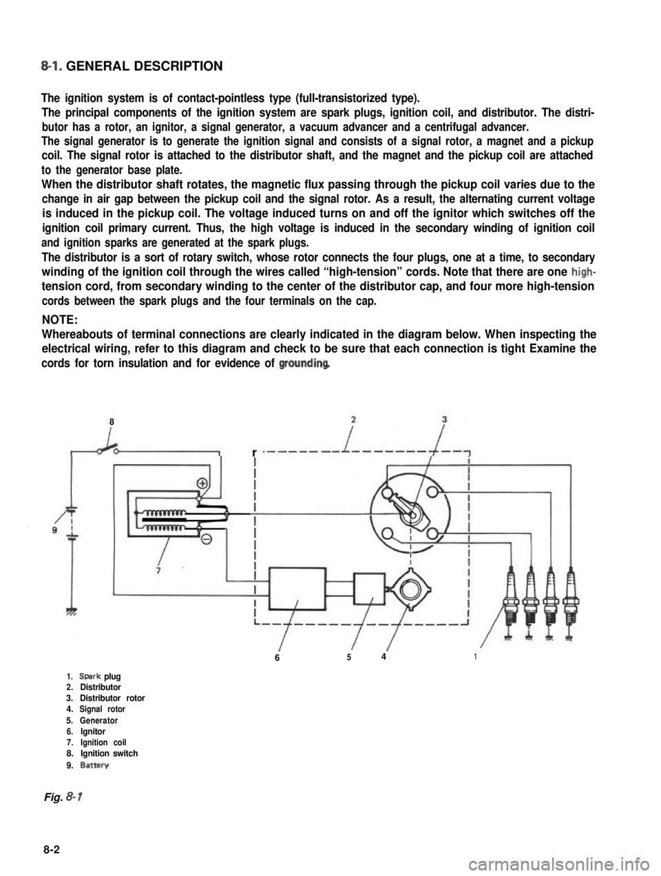 SUZUKI GRAND VITARA 1987  Service Repair Manual 8-l. GENERAL DESCRIPTION
The ignition system is of contact-pointless type (full-transistorized type).
The principal components of the ignition system are spark plugs, ignition coil, and distributor. T