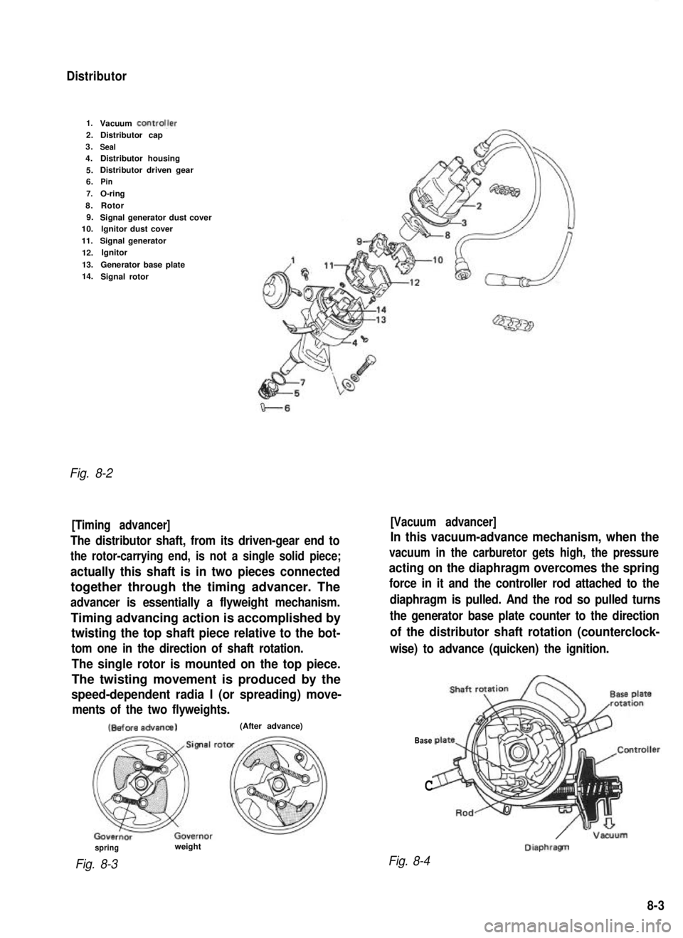 SUZUKI GRAND VITARA 1987  Service Repair Manual Distributor
1.Vacuum ControlJer2.Distributor cap
3.
Seal4. Distributor housing
5. Distributor driven gear
6.
Pin
7.
O-ring
8. Rotor
9. Signal generator dust cover
10. lgnitor dust cover
11. Signal gen