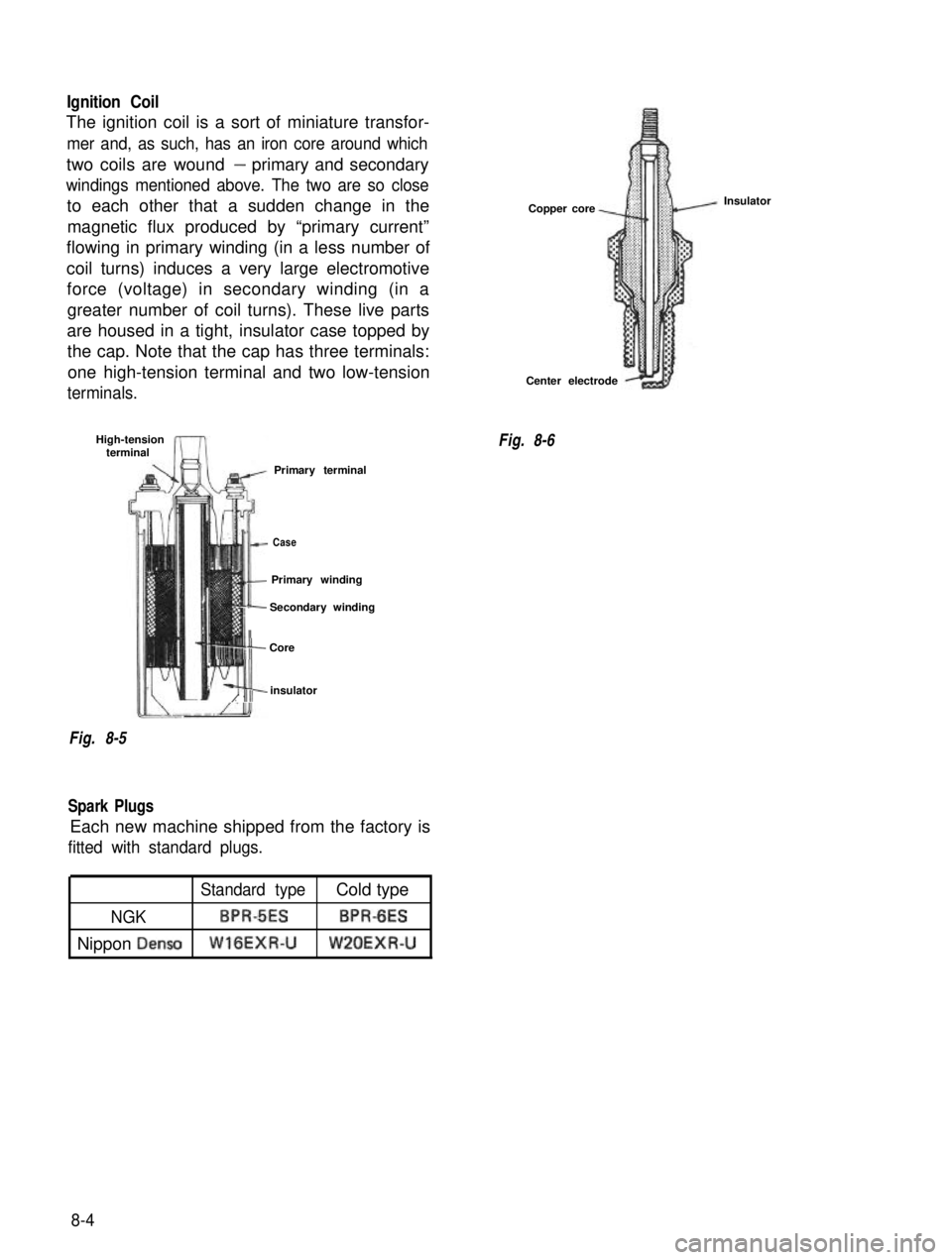 SUZUKI GRAND VITARA 1987  Service Repair Manual Ignition Coil
The ignition coil is a sort of miniature transfor-
mer and, as such, has an iron core around which
two coils are wound- primary and secondary
windings mentioned above. The two are so clo