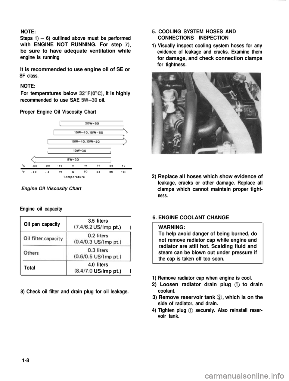SUZUKI GRAND VITARA 1987 Service Owners Manual NOTE:
Steps 1) - 6) outlined above must be performed
with ENGINE NOT RUNNING. For step 7),
be sure to have adequate ventilation while
engine is running
It is recommended to use engine oil of SE or
SF SUZUKI GRAND VITARA 1987 Service Owners Manual NOTE:
Steps 1) - 6) outlined above must be performed
with ENGINE NOT RUNNING. For step 7),
be sure to have adequate ventilation while
engine is running
It is recommended to use engine oil of SE or
SF