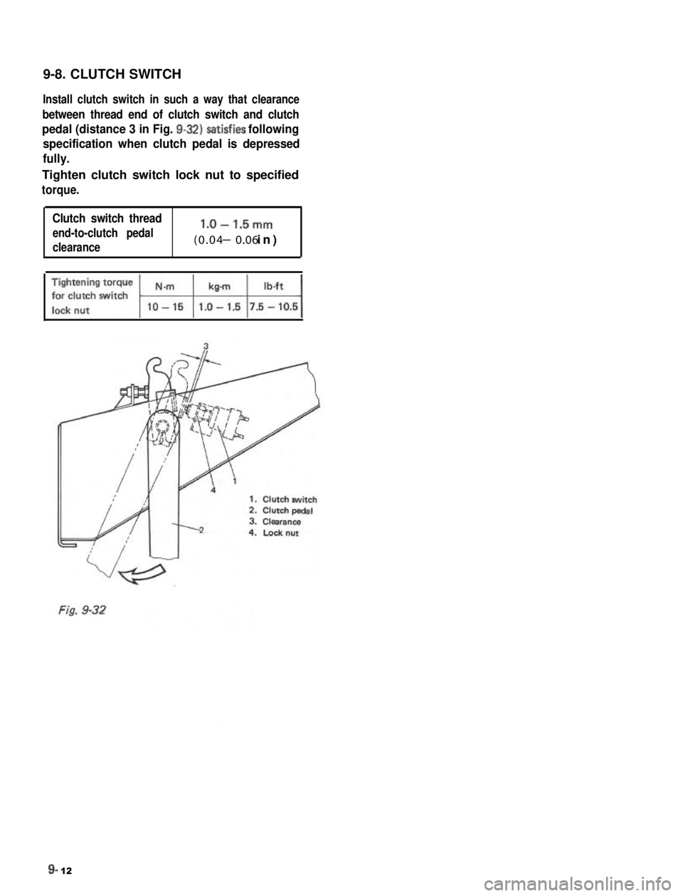 SUZUKI GRAND VITARA 1987 Service Repair Manual 9-8. CLUTCH SWITCH
Install clutch switch in such a way that clearance
between thread end of clutch switch and clutch
pedal (distance 3 in Fig. 9-32)‘satisfies following
specification when clutch ped SUZUKI GRAND VITARA 1987 Service Repair Manual 9-8. CLUTCH SWITCH
Install clutch switch in such a way that clearance
between thread end of clutch switch and clutch
pedal (distance 3 in Fig. 9-32)‘satisfies following
specification when clutch ped