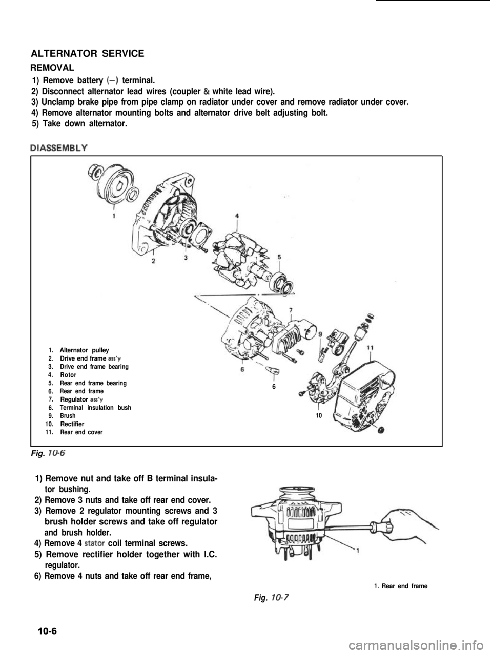 SUZUKI GRAND VITARA 1987 Service Repair Manual ALTERNATOR SERVICE
REMOVAL
1) Remove battery (-) terminal.
2) Disconnect alternator lead wires (coupler & white lead wire).
3) Unclamp brake pipe from pipe clamp on radiator under cover and remove rad SUZUKI GRAND VITARA 1987 Service Repair Manual ALTERNATOR SERVICE
REMOVAL
1) Remove battery (-) terminal.
2) Disconnect alternator lead wires (coupler & white lead wire).
3) Unclamp brake pipe from pipe clamp on radiator under cover and remove rad