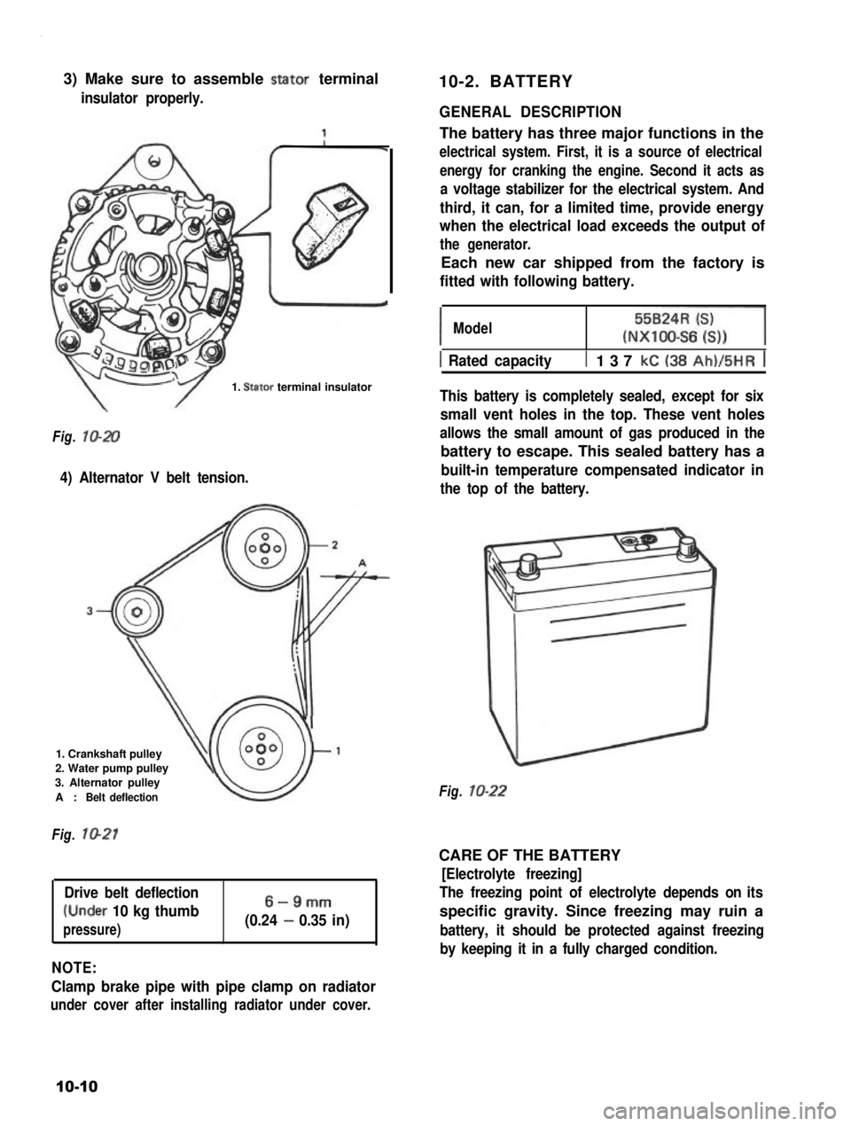 SUZUKI GRAND VITARA 1987 Service Repair Manual 3) Make sure to assemble stator terminal
insulator properly.
10-2. BATTERY
1. Stator terminal insulator
Fig. lo-20
4) Alternator V belt tension.
1. Crankshaft pulley
2. Water pump pulley
3. Alternator SUZUKI GRAND VITARA 1987 Service Repair Manual 3) Make sure to assemble stator terminal
insulator properly.
10-2. BATTERY
1. Stator terminal insulator
Fig. lo-20
4) Alternator V belt tension.
1. Crankshaft pulley
2. Water pump pulley
3. Alternator