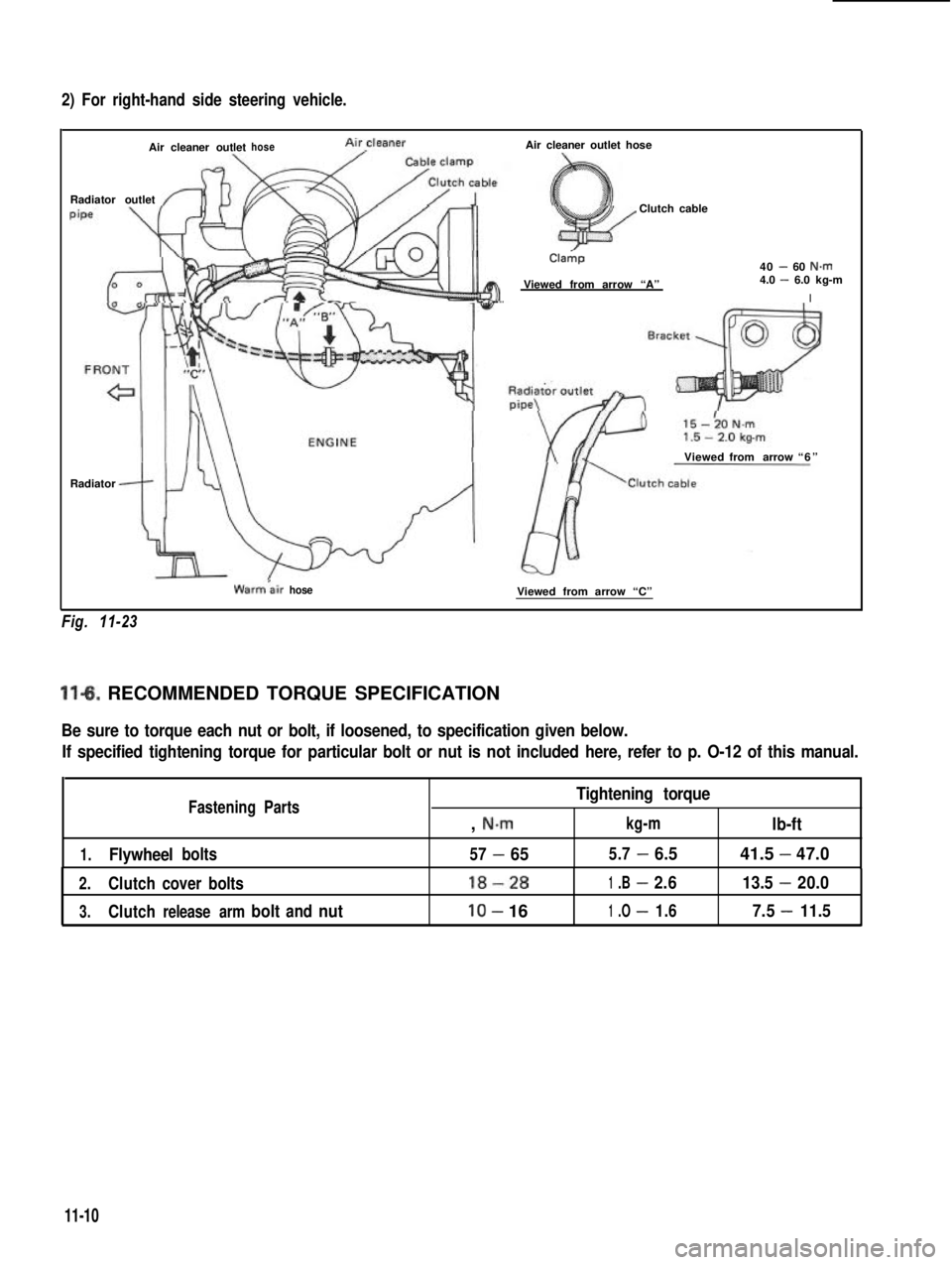 SUZUKI GRAND VITARA 1987 Service Repair Manual 2) For right-hand side steering vehicle.
Air cleaner outlethoseAircleaner
Radiator outlet
Air cleaner outlet hose
Clutch cable
Cla&p
Viewed from arrow “A”
40 - 60 N.m4.0 - 6.0 kg-m
I
Viewedfrom ar SUZUKI GRAND VITARA 1987 Service Repair Manual 2) For right-hand side steering vehicle.
Air cleaner outlethoseAircleaner
Radiator outlet
Air cleaner outlet hose
Clutch cable
Cla&p
Viewed from arrow “A”
40 - 60 N.m4.0 - 6.0 kg-m
I
Viewedfrom ar