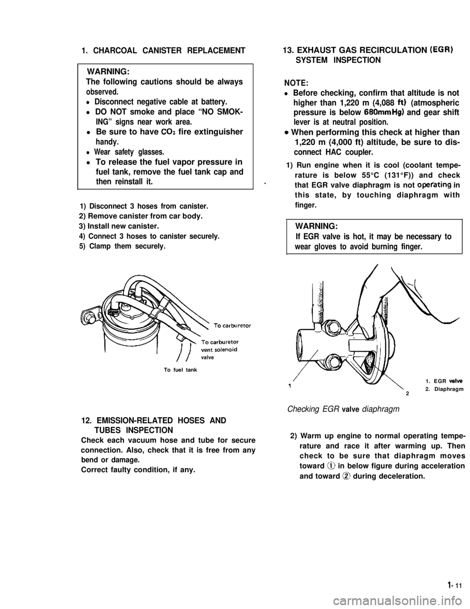 SUZUKI GRAND VITARA 1987  Service Repair Manual 1. CHARCOAL CANISTER REPLACEMENT
WARNING:
The following cautions should be always
observed.
l Disconnect negative cable at battery.
l DO NOT smoke and place “NO SMOK-
ING” signs near work area.
l 