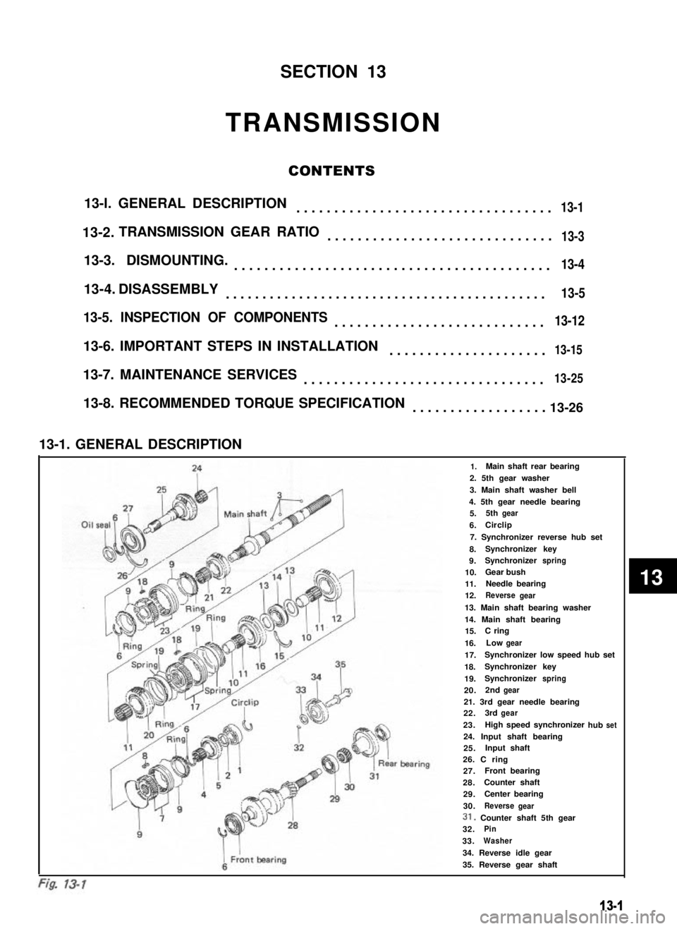 SUZUKI GRAND VITARA 1987 Service Repair Manual SECTION 13
TRANSMISSION
CONTENTS
13-l. GENERAL DESCRIPTION..................................13-1
TRANSMISSION GEAR RATIO..............................13-3
13-3. DISMOUNTING........................... SUZUKI GRAND VITARA 1987 Service Repair Manual SECTION 13
TRANSMISSION
CONTENTS
13-l. GENERAL DESCRIPTION..................................13-1
TRANSMISSION GEAR RATIO..............................13-3
13-3. DISMOUNTING...........................