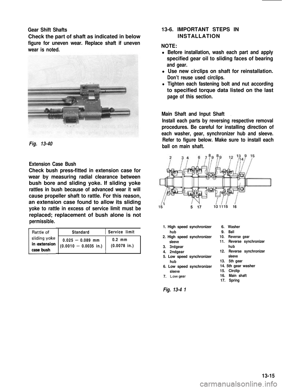 SUZUKI GRAND VITARA 1987  Service Repair Manual Gear Shift Shafts
Check the part of shaft as indicated in below
figure for uneven wear. Replace shaft if uneven
wear is noted.
Fig. 13-40
Extension Case Bush
Check bush press-fitted in extension case 