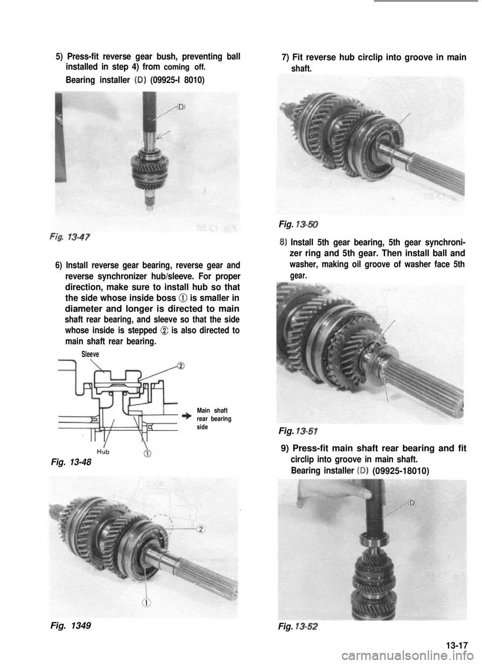 SUZUKI GRAND VITARA 1987  Service Repair Manual 5) Press-fit reverse gear bush, preventing ballinstalled in step 4) from 
coming off.
Bearing  installer (D) (09925-l 8010)
6) Install reverse gear bearing, reverse gear and
reverse synchronizer hub/s