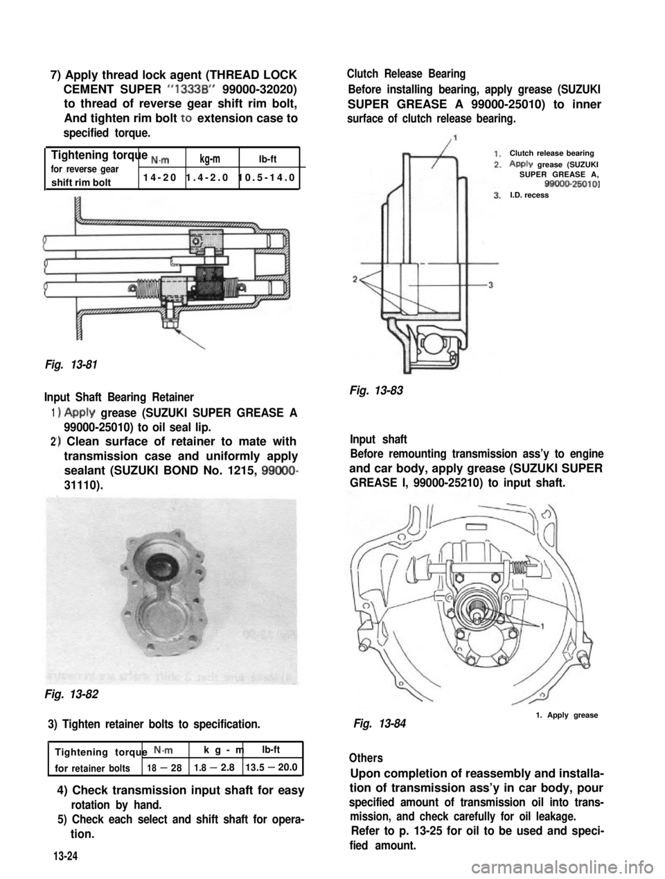 SUZUKI GRAND VITARA 1987  Service Repair Manual 7) Apply thread lock agent (THREAD LOCK
CEMENT SUPER “1333B” 99000-32020)
to thread of reverse gear shift rim bolt,
And tighten rim bolt to. extension case to
specified torque.
Tightening torque ,