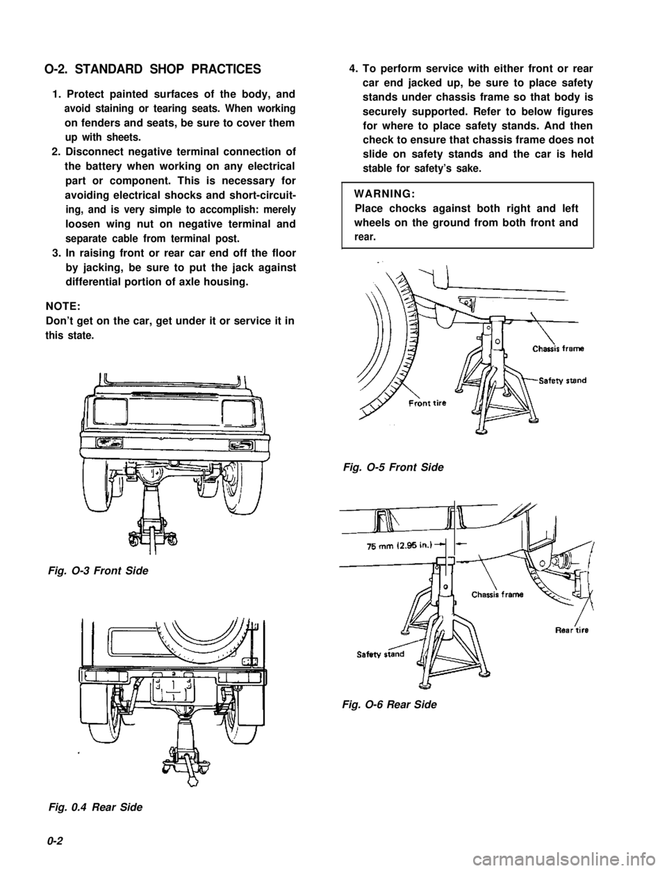 SUZUKI GRAND VITARA 1987 Service Repair Manual O-2. STANDARD SHOP PRACTICES
1. Protect painted surfaces of the body, and
avoid staining or tearing seats. When working
on fenders and seats, be sure to cover them
up with sheets.
2. Disconnect negati SUZUKI GRAND VITARA 1987 Service Repair Manual O-2. STANDARD SHOP PRACTICES
1. Protect painted surfaces of the body, and
avoid staining or tearing seats. When working
on fenders and seats, be sure to cover them
up with sheets.
2. Disconnect negati