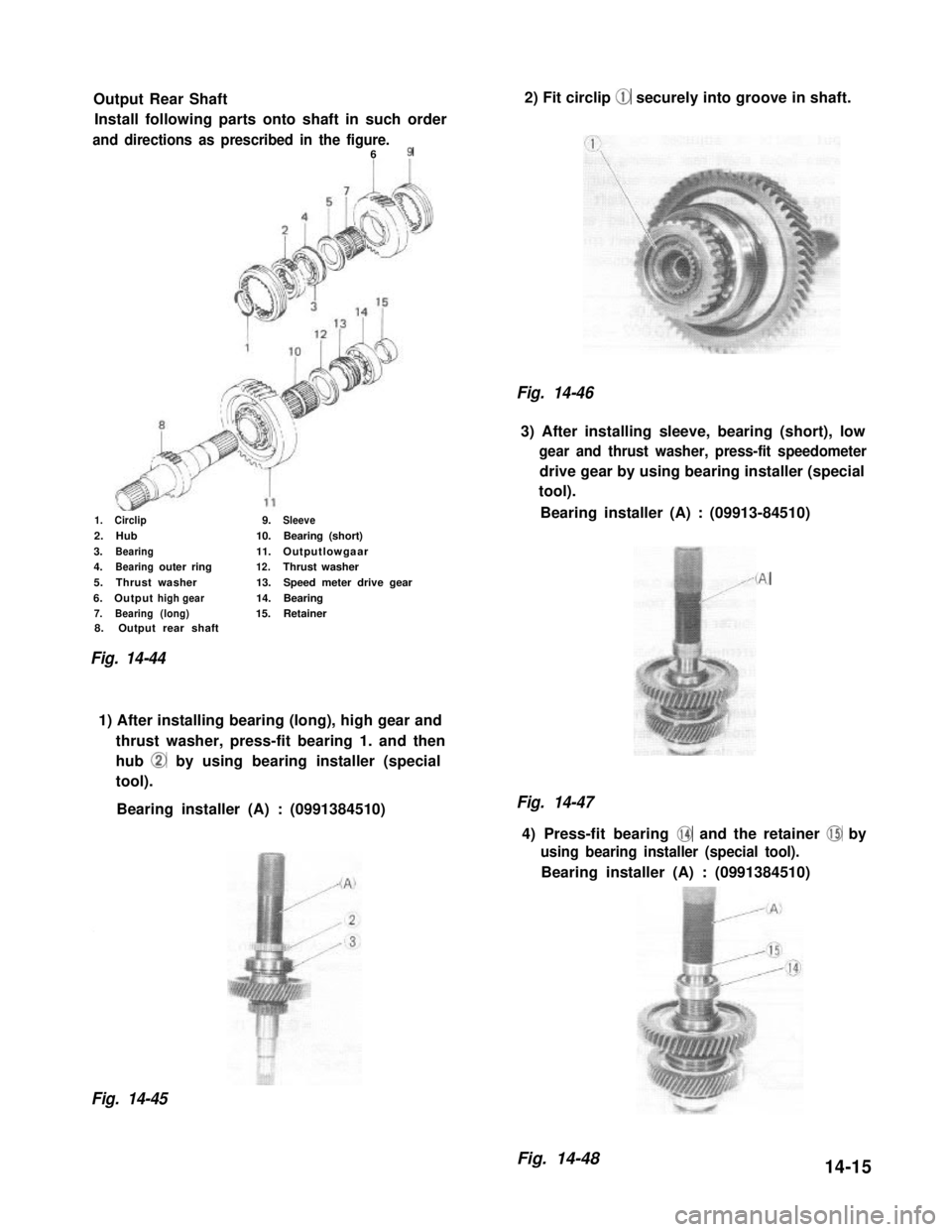 SUZUKI GRAND VITARA 1987  Service Repair Manual Output Rear Shaft
Install following parts onto shaft in such order
and directions as prescribed in the figure.6 9
1.    Circlip
2.Hub
3.Bearing4.Bearingouter ring
5.  Thrust washer
6.Outputhigh gear7.