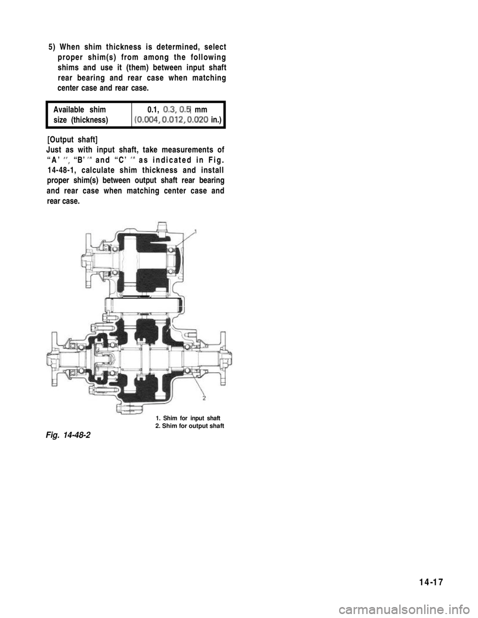 SUZUKI GRAND VITARA 1987  Service Repair Manual 5) When shim thickness is determined, select
proper shim(s) from among the following
shims and use it (them) between input shaft
rear bearing and rear case when matching
center case and rear case.
Ava
