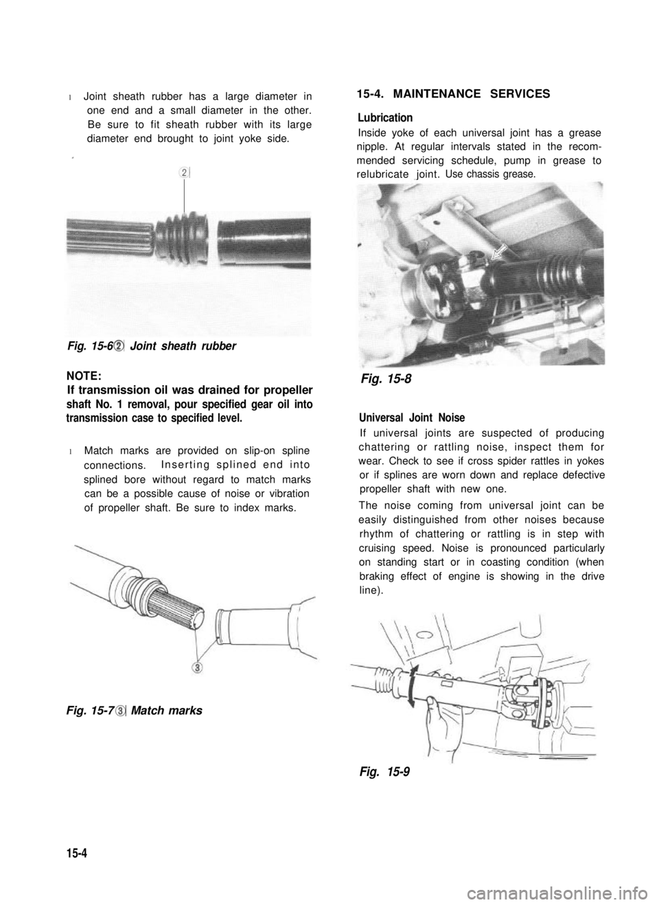 SUZUKI GRAND VITARA 1987  Service Repair Manual l Joint sheath rubber has a large diameter in
one end and a small diameter in the other.
Be sure to fit sheath rubber with its large 
diameter end brought to joint yoke side.
.
cc
Fig. 15-6 @I Joint s