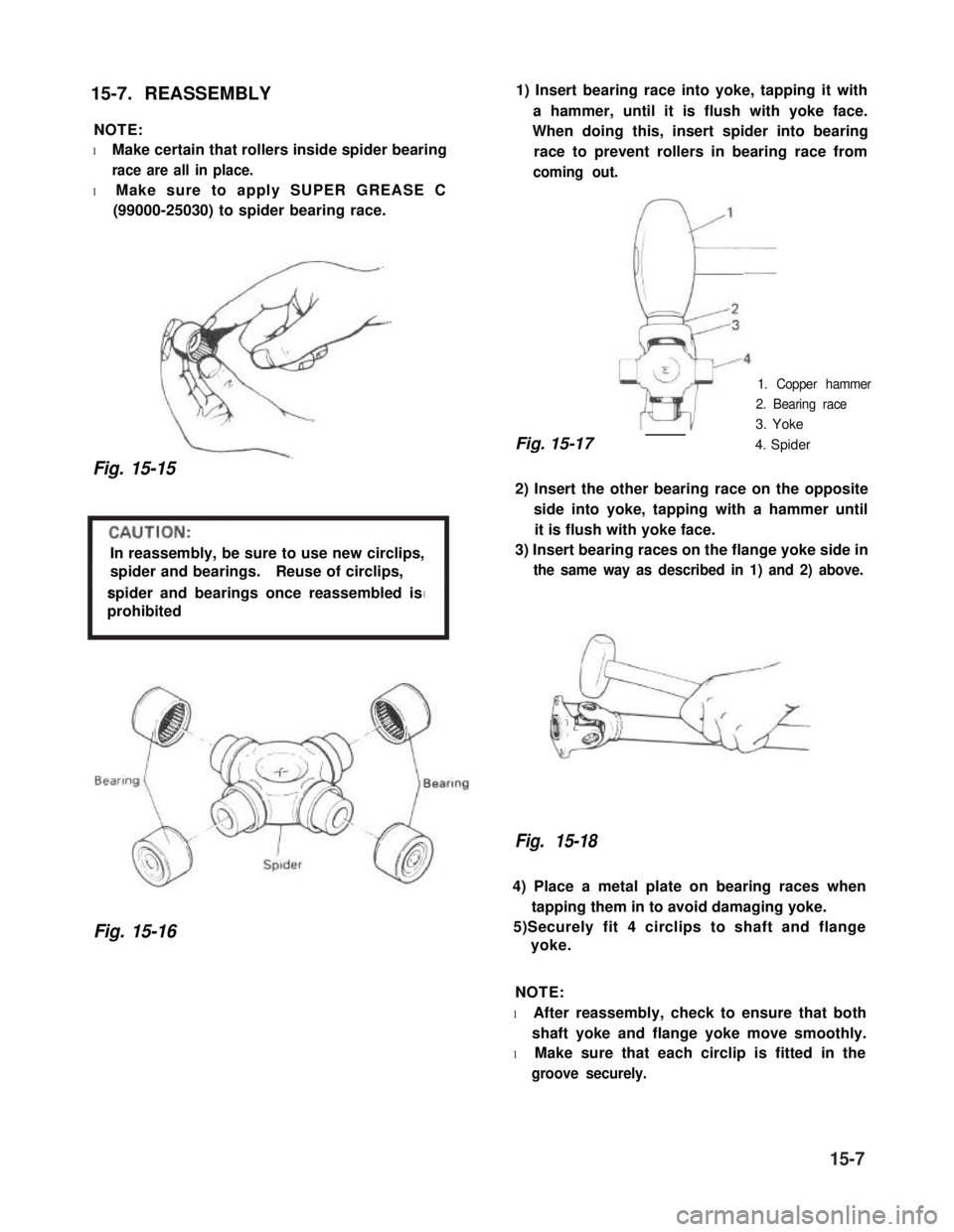 SUZUKI GRAND VITARA 1987  Service Repair Manual 15-7. REASSEMBLY
NOTE:
l Make certain that rollers inside spider bearing
race are all in place.
l Make sure to apply SUPER GREASE C
(99000-25030) to spider bearing race.
Fig. 15-15
In reassembly, be s
