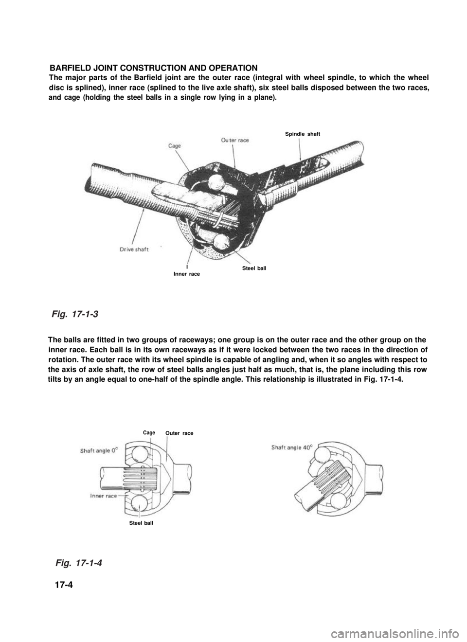 SUZUKI GRAND VITARA 1987 Service Repair Manual BARFIELD JOINT CONSTRUCTION AND OPERATION
The major parts of the Barfield joint are the outer race (integral with wheel spindle, to which the wheel
disc is splined), inner race (splined to the live a SUZUKI GRAND VITARA 1987 Service Repair Manual BARFIELD JOINT CONSTRUCTION AND OPERATION
The major parts of the Barfield joint are the outer race (integral with wheel spindle, to which the wheel
disc is splined), inner race (splined to the live a