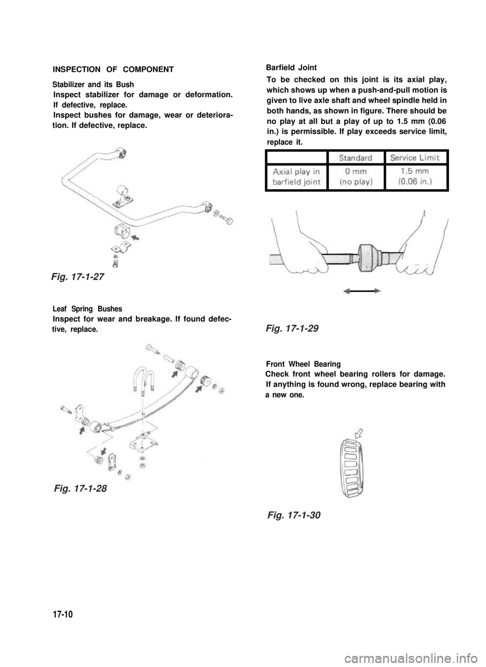 SUZUKI GRAND VITARA 1987  Service Repair Manual INSPECTION OF COMPONENT
Stabilizer and its Bush
Inspect stabilizer for damage or deformation.
If defective, replace.
Inspect bushes for damage, wear or deteriora-
tion. If defective, replace.
8
 
 Bar