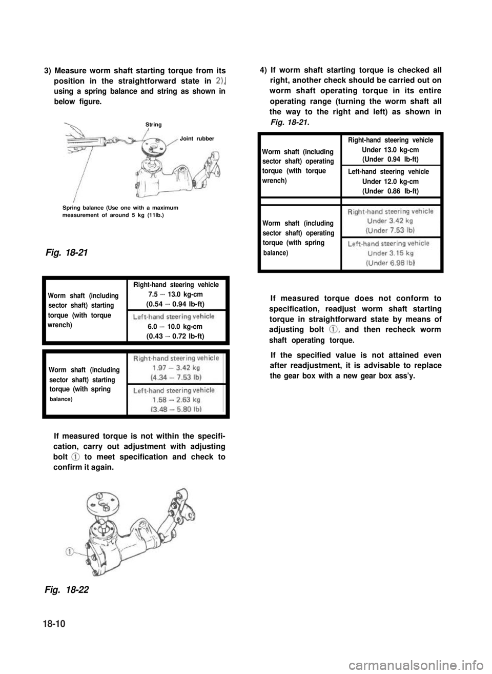 SUZUKI GRAND VITARA 1987 Service Repair Manual 3) Measure worm shaft starting torque from its
position in the straightforward state in 2),
using a spring balance and string as shown in
below figure.
StringI
Joint rubber
Spring balance (Use one wit SUZUKI GRAND VITARA 1987 Service Repair Manual 3) Measure worm shaft starting torque from its
position in the straightforward state in 2),
using a spring balance and string as shown in
below figure.
StringI
Joint rubber
Spring balance (Use one wit