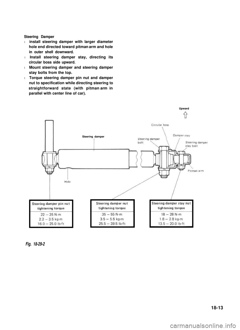 SUZUKI GRAND VITARA 1987 Service Repair Manual Steering Damper
l install steering damper with larger diameter
hole end directed toward pitman arm and hole
in outer shell downward.
l Install steering damper stay, directing its
circular boss side u SUZUKI GRAND VITARA 1987 Service Repair Manual Steering Damper
l install steering damper with larger diameter
hole end directed toward pitman arm and hole
in outer shell downward.
l Install steering damper stay, directing its
circular boss side u