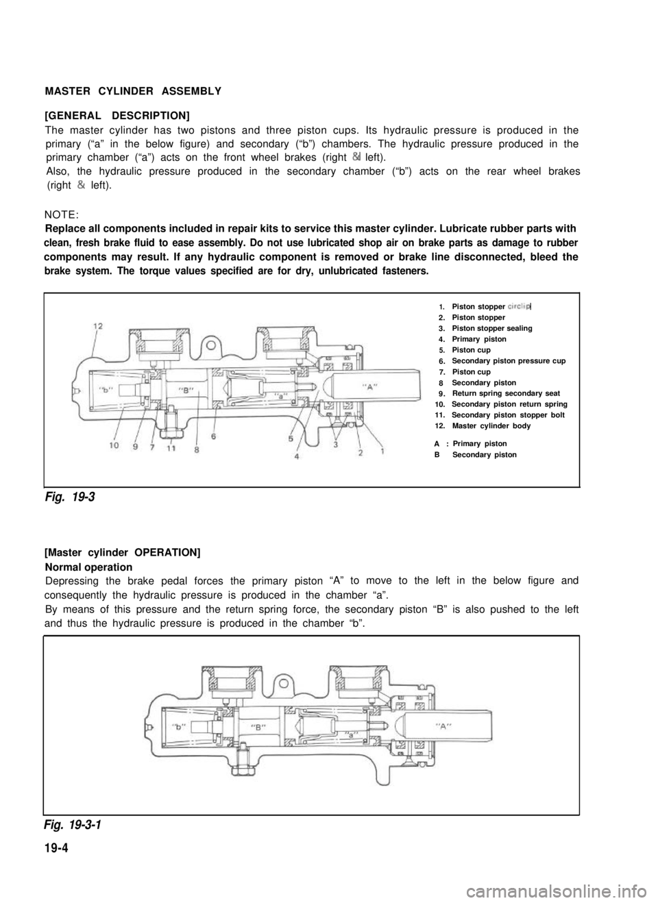 SUZUKI GRAND VITARA 1987  Service Repair Manual MASTER CYLINDER ASSEMBLY
[GENERAL DESCRIPTION]
The master cylinder has two pistons and three piston cups. Its hydraulic pressure is produced in the
primary (“a” in the below figure) and secondary 