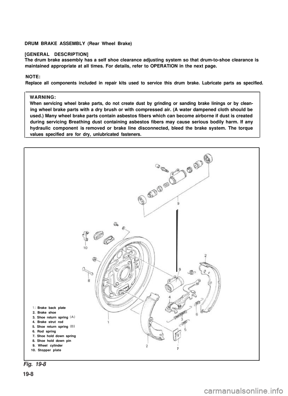 SUZUKI GRAND VITARA 1987  Service Repair Manual DRUM BRAKE ASSEMBLY (Rear Wheel Brake)
[GENERAL DESCRIPTION]
The drum brake assembly has a self shoe clearance adjusting system so that drum-to-shoe clearance is
maintained appropriate at all times. F