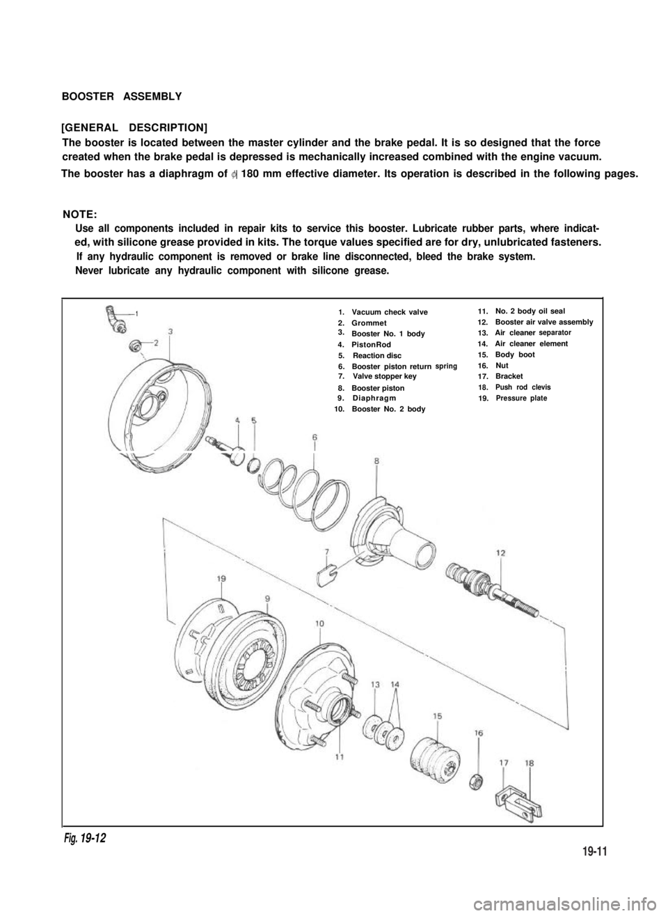 SUZUKI GRAND VITARA 1987  Service Repair Manual BOOSTER ASSEMBLY
[GENERAL DESCRIPTION]
The booster is located between the master cylinder and the brake pedal. It is so designed that the force
created when the brake pedal is depressed is mechanicall