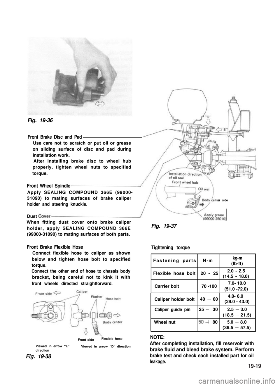 SUZUKI GRAND VITARA 1987 Service Repair Manual Fig. 19-36
Front Brake Disc and Pad
Use care not to scratch or put oil or grease
on sliding surface of disc and pad during
installation work.
After installing brake disc to wheel hub
properly, tighten SUZUKI GRAND VITARA 1987 Service Repair Manual Fig. 19-36
Front Brake Disc and Pad
Use care not to scratch or put oil or grease
on sliding surface of disc and pad during
installation work.
After installing brake disc to wheel hub
properly, tighten