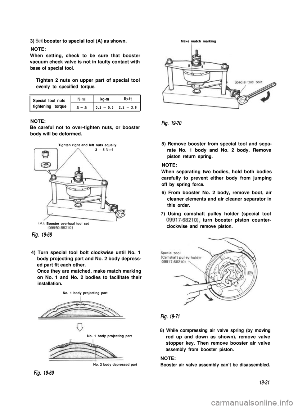 SUZUKI GRAND VITARA 1987 Service Repair Manual 3) Set booster to special tool (A) as shown.
NOTE:
When setting, check to be sure that booster
vacuum check valve is not in faulty contact with
base of special tool.
Tighten 2 nuts on upper part of sp SUZUKI GRAND VITARA 1987 Service Repair Manual 3) Set booster to special tool (A) as shown.
NOTE:
When setting, check to be sure that booster
vacuum check valve is not in faulty contact with
base of special tool.
Tighten 2 nuts on upper part of sp