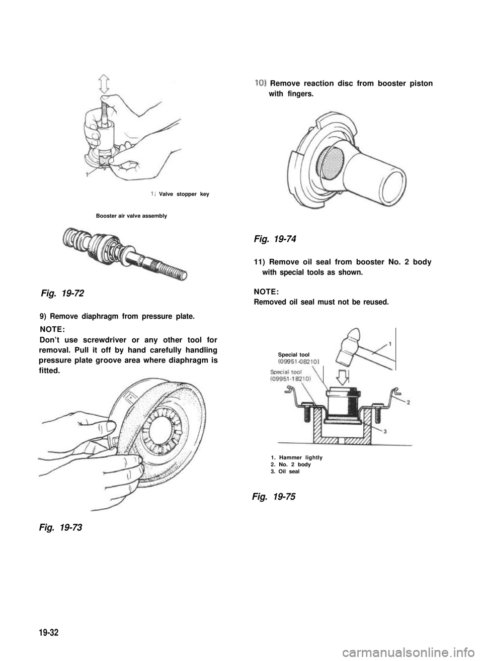 SUZUKI GRAND VITARA 1987 Service Repair Manual 1. Valve stopper key
Booster air valve assembly
Fig. 19-72
10) Remove reaction disc from booster piston
with fingers.
Fig. 19-74
11) Remove oil seal from booster No. 2 body
with special tools as shown SUZUKI GRAND VITARA 1987 Service Repair Manual 1. Valve stopper key
Booster air valve assembly
Fig. 19-72
10) Remove reaction disc from booster piston
with fingers.
Fig. 19-74
11) Remove oil seal from booster No. 2 body
with special tools as shown