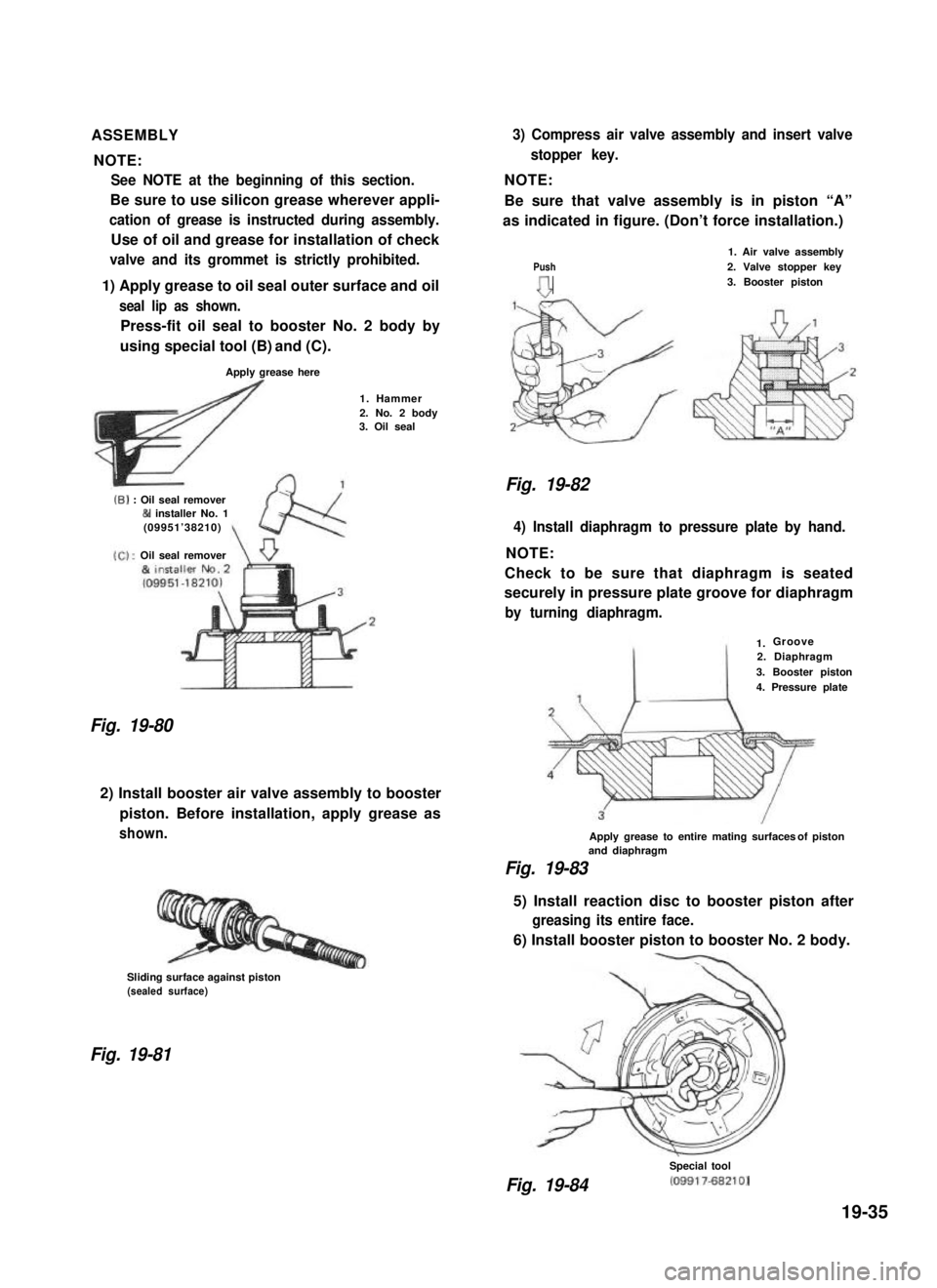 SUZUKI GRAND VITARA 1987 Service Repair Manual ASSEMBLY
NOTE:
See NOTE at the beginning of this section.
Be sure to use silicon grease wherever appli-
cation of grease is instructed during assembly.
Use of oil and grease for installation of check
SUZUKI GRAND VITARA 1987 Service Repair Manual ASSEMBLY
NOTE:
See NOTE at the beginning of this section.
Be sure to use silicon grease wherever appli-
cation of grease is instructed during assembly.
Use of oil and grease for installation of check