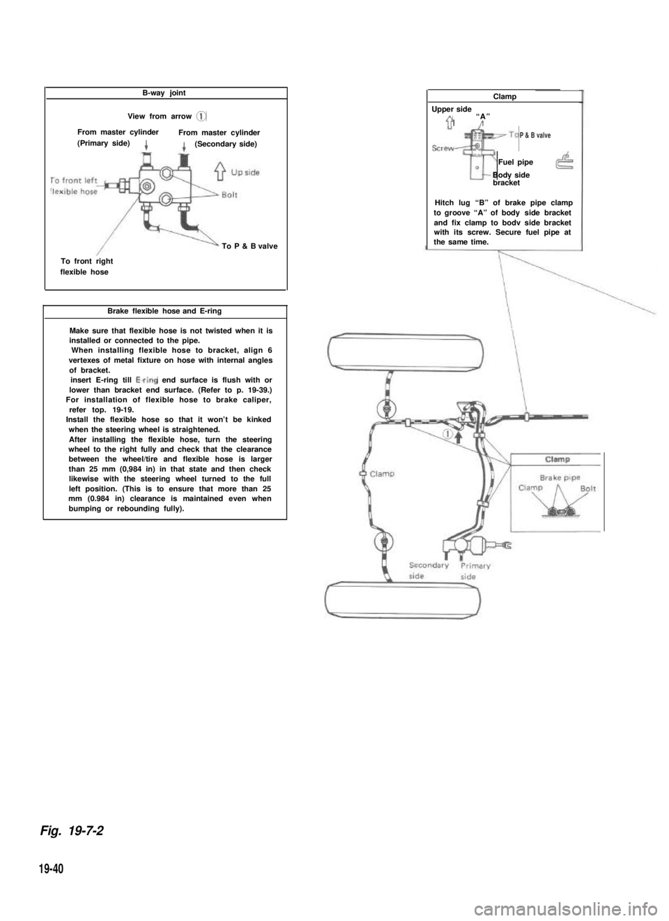 SUZUKI GRAND VITARA 1987 Service Repair Manual B-way joint
View from arrow @
From master cylinderFrom master cylinder(Primary side)4(Secondary side)
To P & B valve
To front rightflexible hose
Brake flexible hose and E-ring
Make sure that flexib SUZUKI GRAND VITARA 1987 Service Repair Manual B-way joint
View from arrow @
From master cylinderFrom master cylinder(Primary side)4(Secondary side)
To P & B valve
To front rightflexible hose
Brake flexible hose and E-ring
Make sure that flexib