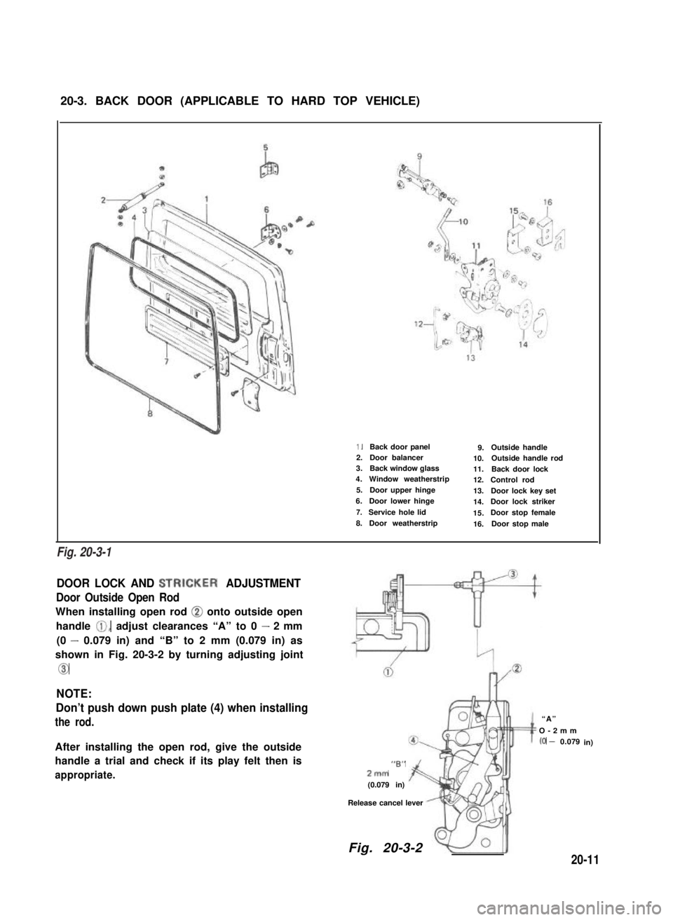 SUZUKI GRAND VITARA 1987 Service Repair Manual 20-3. BACK DOOR (APPLICABLE TO HARD TOP VEHICLE)
1.Back door panel9.Outside handle2.Door balancer 10.Outside handle rod3.Back window glass11.Back door lock4.Window weatherstrip12.Control rod5.Door upp SUZUKI GRAND VITARA 1987 Service Repair Manual 20-3. BACK DOOR (APPLICABLE TO HARD TOP VEHICLE)
1.Back door panel9.Outside handle2.Door balancer 10.Outside handle rod3.Back window glass11.Back door lock4.Window weatherstrip12.Control rod5.Door upp