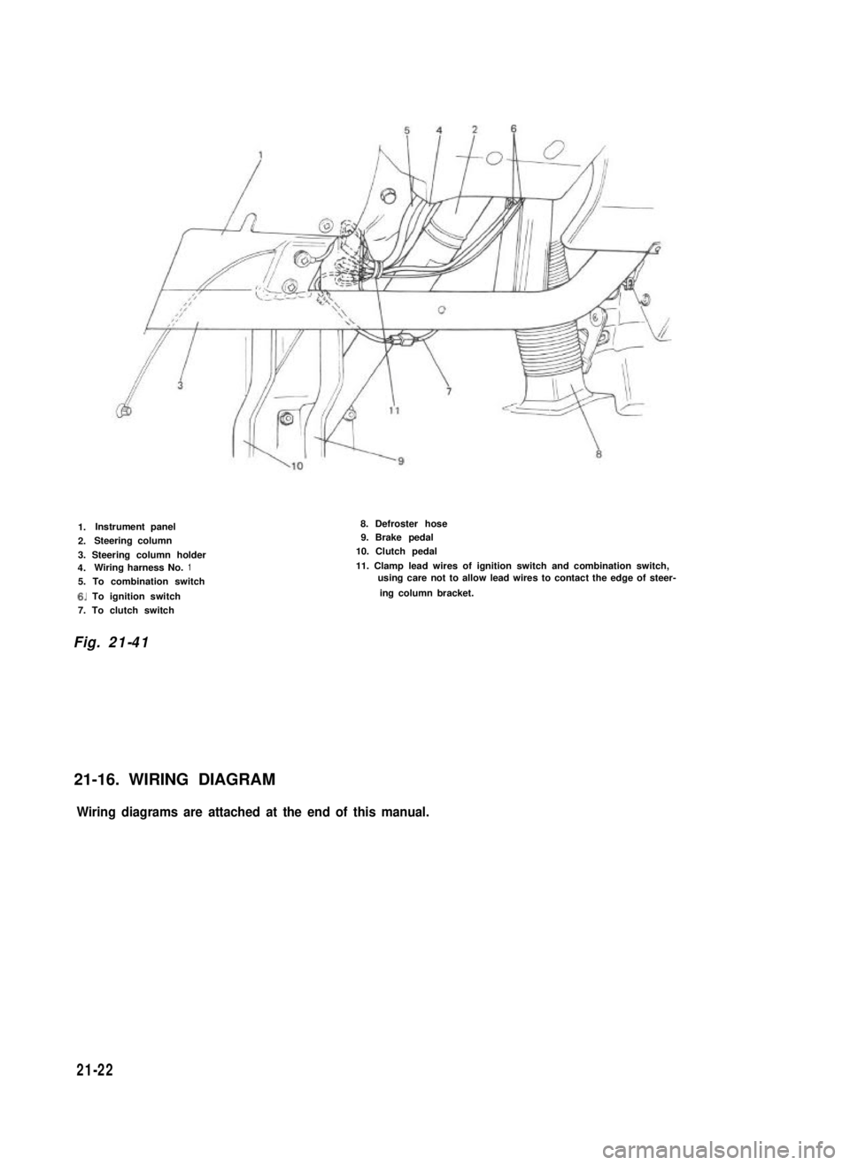 SUZUKI GRAND VITARA 1987 Service Repair Manual 1.Instrument panel
2.Steering column
3. Steering column holder4.Wiring harness No.1
5. To combination switch
6. To ignition switch
7. To clutch switch
8. Defroster hose9. Brake pedal
10. Clutch pedal
SUZUKI GRAND VITARA 1987 Service Repair Manual 1.Instrument panel
2.Steering column
3. Steering column holder4.Wiring harness No.1
5. To combination switch
6. To ignition switch
7. To clutch switch
8. Defroster hose9. Brake pedal
10. Clutch pedal