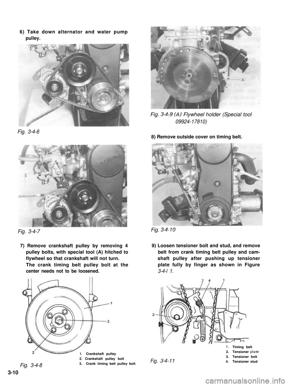 SUZUKI GRAND VITARA 1987 Service Manual PDF 6) Take down alternator and water pump
pulley.
Fig. 3-4,9 (A) Flywheel holder (Special tool
09924-17810)
Fig. 3-4-6
8) Remove outside cover on timing belt.
Fig. 3-4-7
7) Remove crankshaft pulley by re SUZUKI GRAND VITARA 1987 Service Manual PDF 6) Take down alternator and water pump
pulley.
Fig. 3-4,9 (A) Flywheel holder (Special tool
09924-17810)
Fig. 3-4-6
8) Remove outside cover on timing belt.
Fig. 3-4-7
7) Remove crankshaft pulley by re