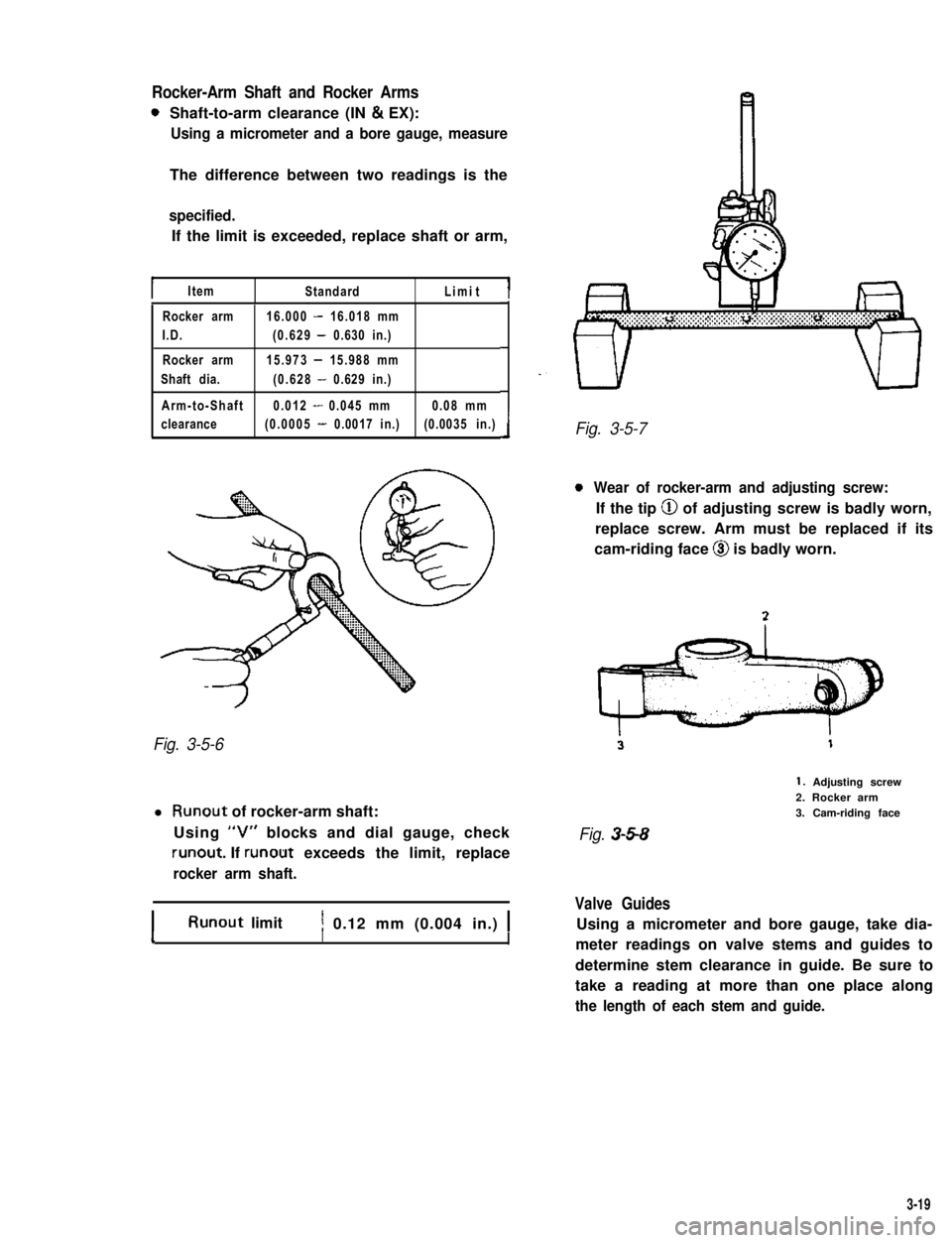 SUZUKI GRAND VITARA 1987 Service Manual PDF Rocker-Arm Shaft and Rocker Arms
0Shaft-to-arm clearance (IN & EX):
Using a micrometer and a bore gauge, measure
The difference between two readings is the
specified.
If the limit is exceeded, replace SUZUKI GRAND VITARA 1987 Service Manual PDF Rocker-Arm Shaft and Rocker Arms
0Shaft-to-arm clearance (IN & EX):
Using a micrometer and a bore gauge, measure
The difference between two readings is the
specified.
If the limit is exceeded, replace