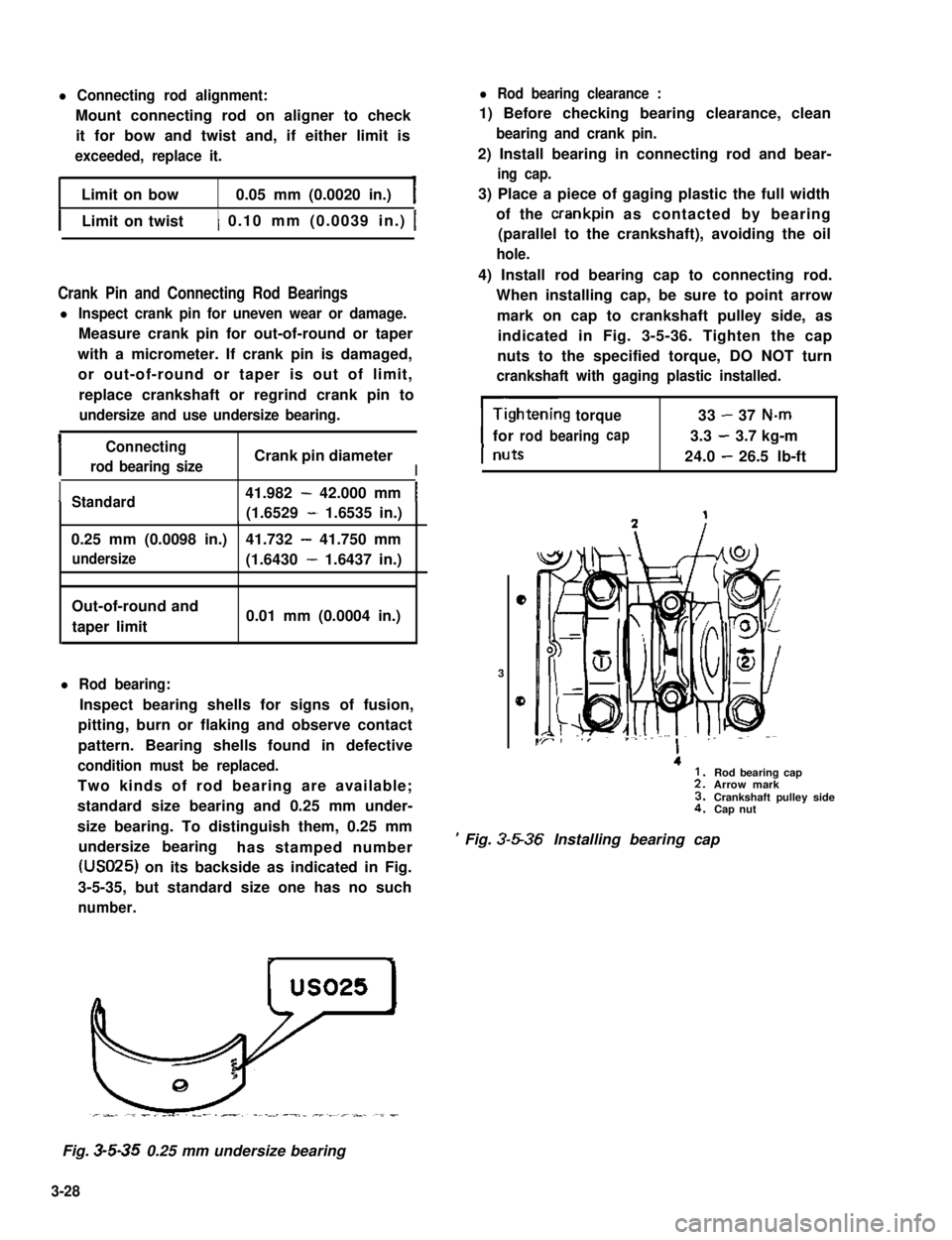 SUZUKI GRAND VITARA 1987 Service Manual Online l Connecting rod alignment:
Mount connecting rod on aligner to check
it for bow and twist and, if either limit is
exceeded, replace it.
Limit on bow0.05 mm (0.0020 in.)
ILimit on twist) 0.10 mm (0.003 SUZUKI GRAND VITARA 1987 Service Manual Online l Connecting rod alignment:
Mount connecting rod on aligner to check
it for bow and twist and, if either limit is
exceeded, replace it.
Limit on bow0.05 mm (0.0020 in.)
ILimit on twist) 0.10 mm (0.003